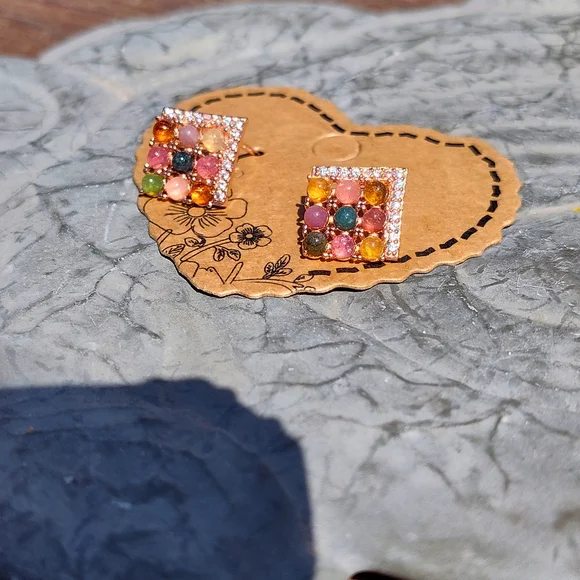 Elegant Multicolor Gemstone Square Earrings - Picture 4 of 4